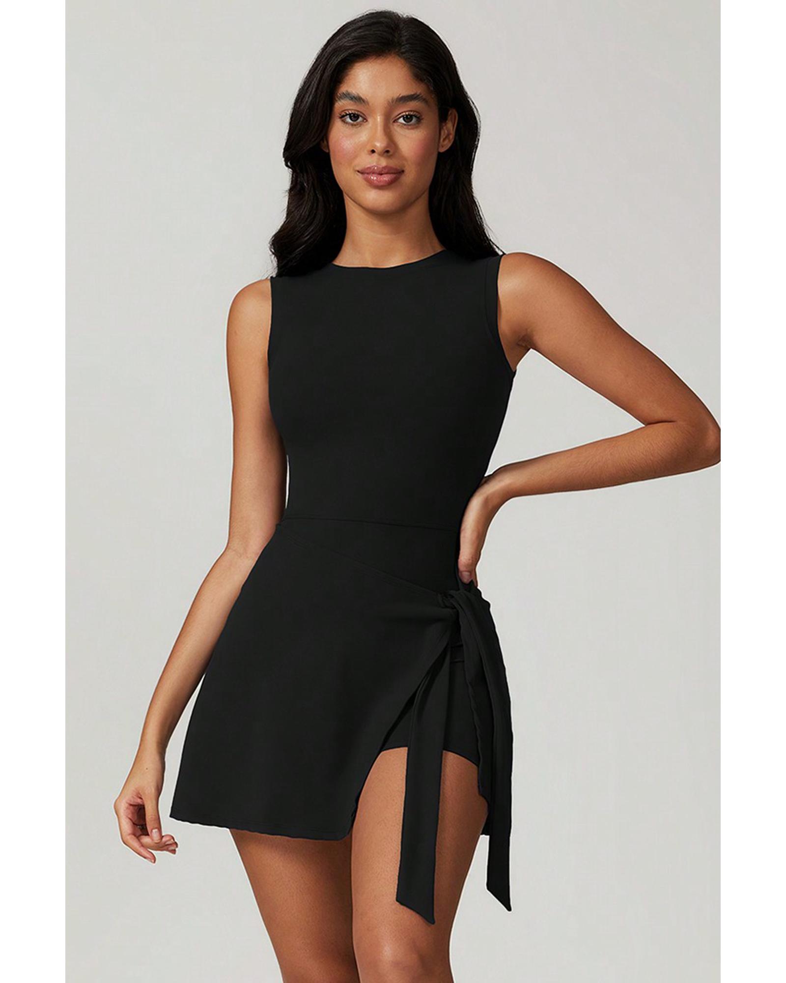 Black Sleeveless Knot Skirt Hem Sports Romper - Image 4