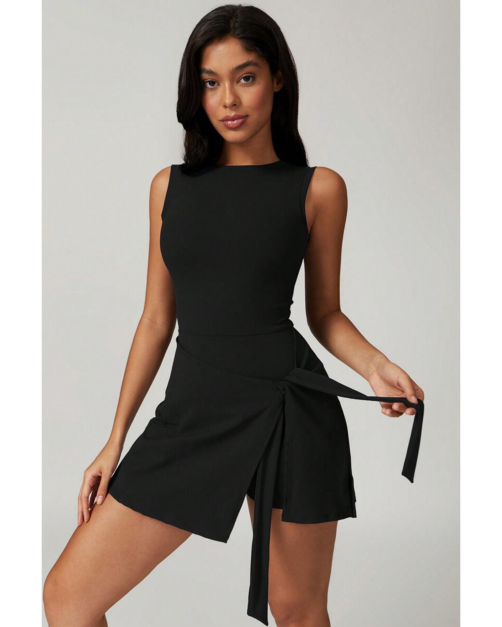 Black Sleeveless Knot Skirt Hem Sports Romper - Image 5