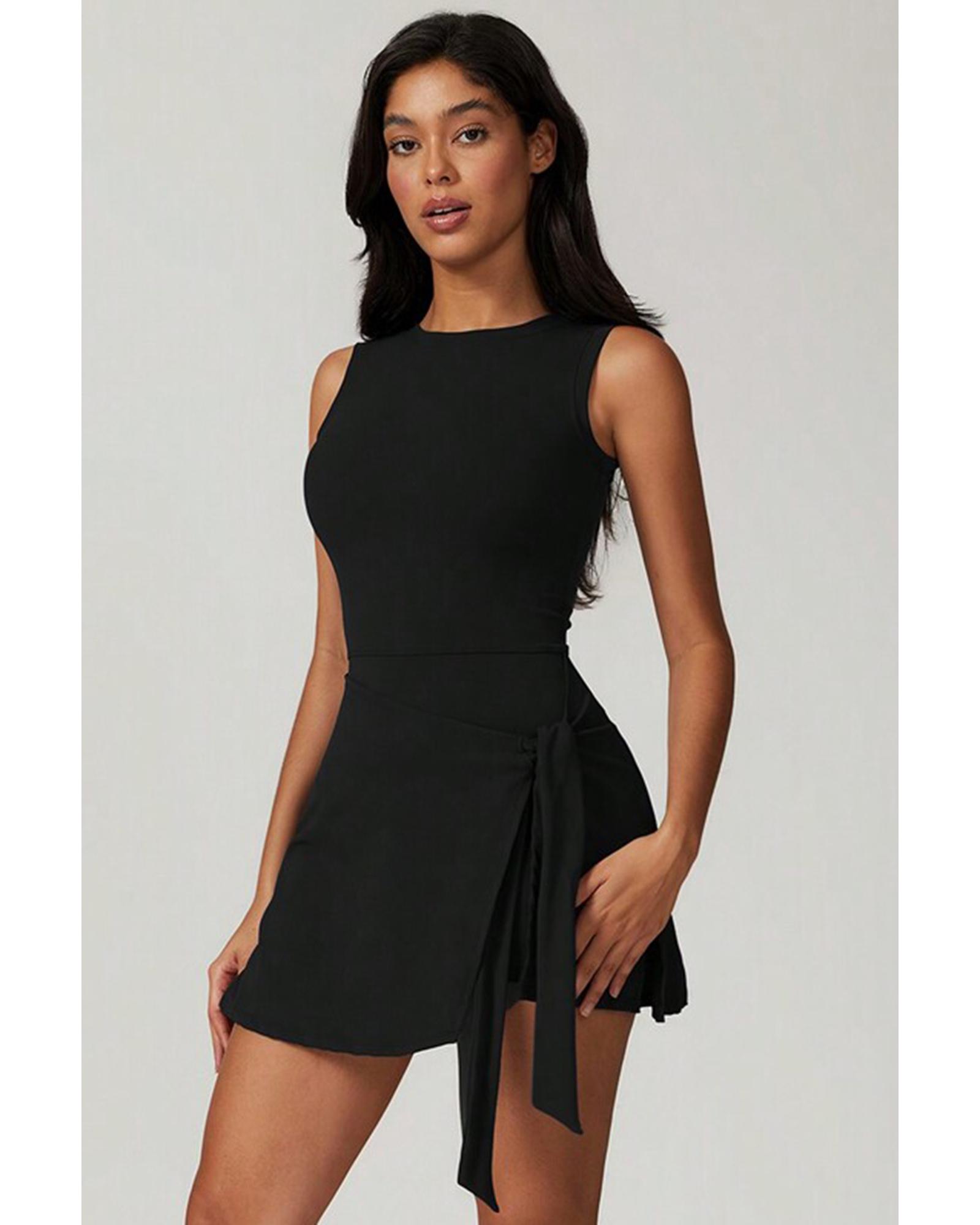 Black Sleeveless Knot Skirt Hem Sports Romper - Image 7