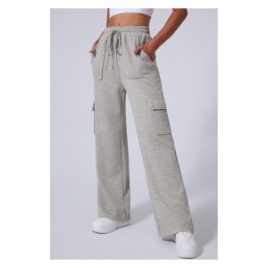 Light Grey Multi Pockets Lace-up High Waist Wide Leg Workout Pants
