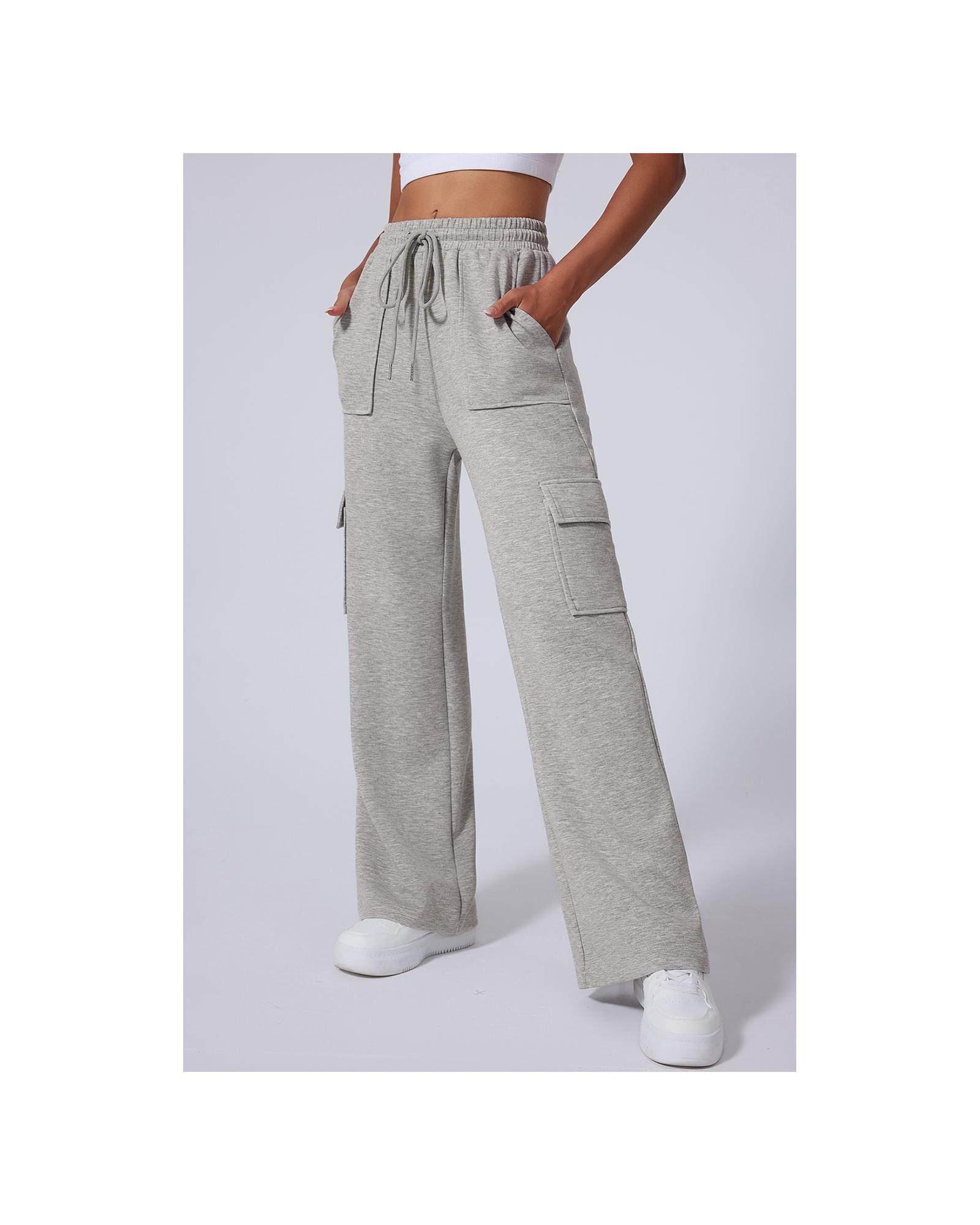 Light Grey Multi Pockets Lace-up High Waist Wide Leg Workout Pants