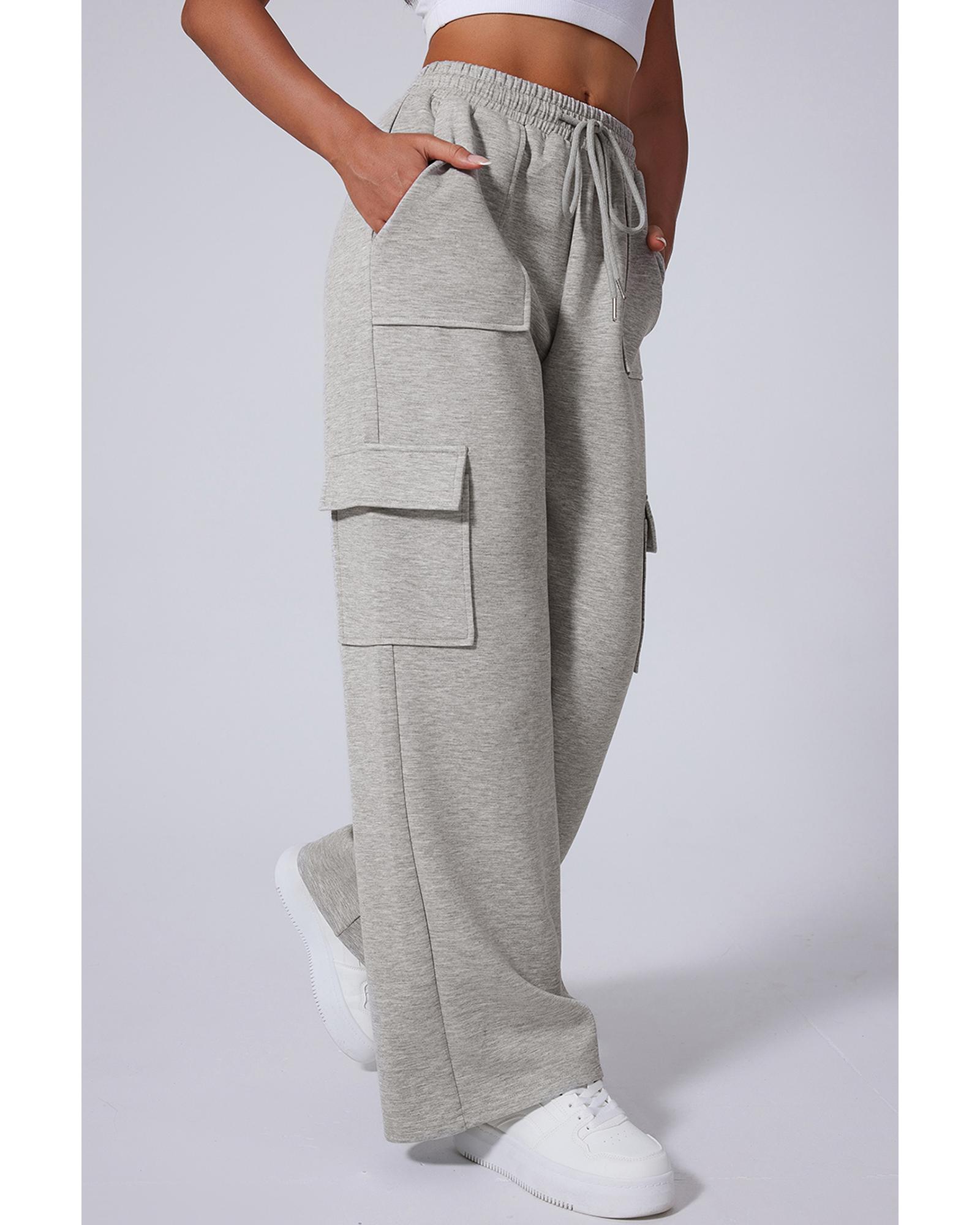Light Grey Multi Pockets Lace-up High Waist Wide Leg Workout Pants - Image 2