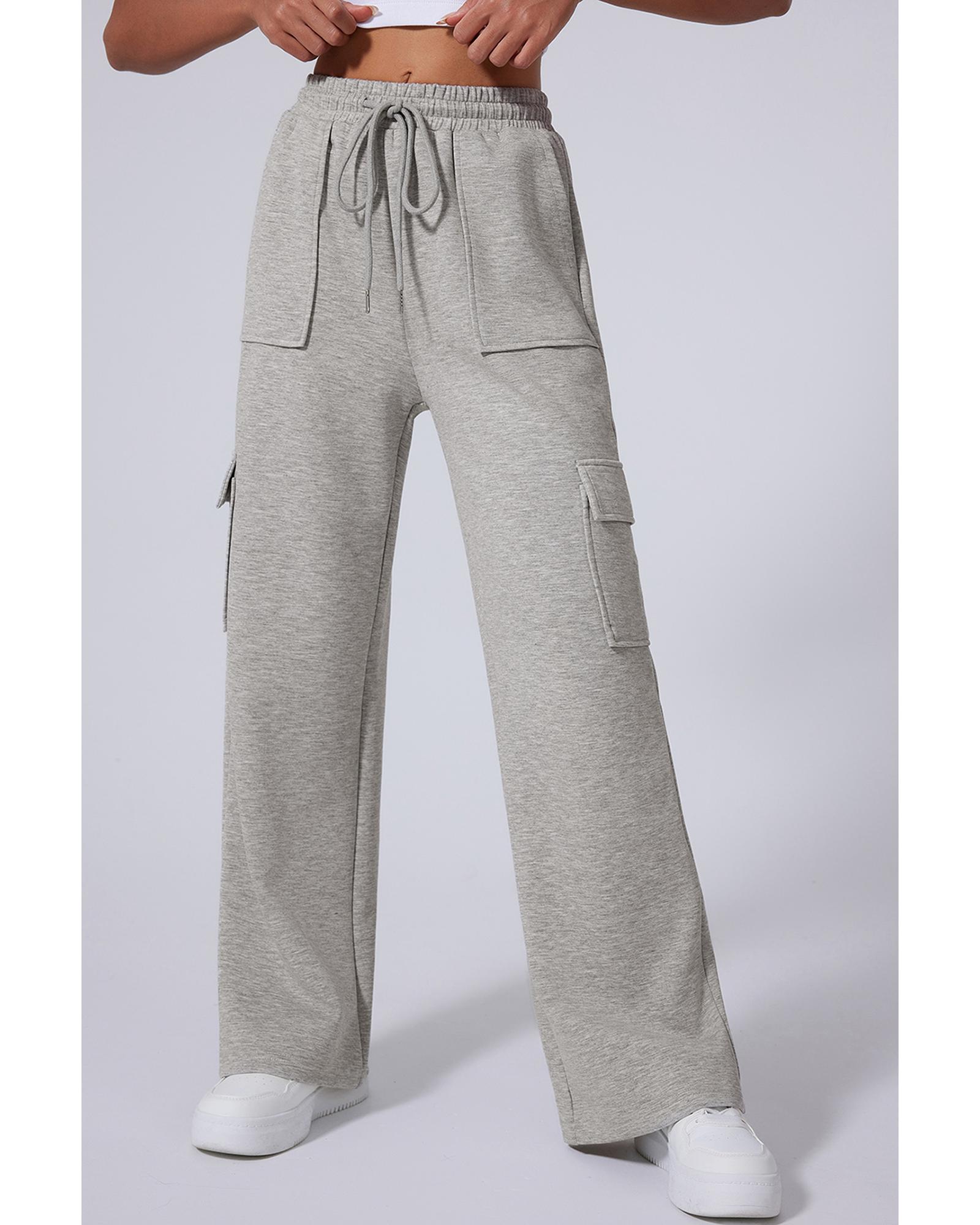 Light Grey Multi Pockets Lace-up High Waist Wide Leg Workout Pants - Image 3