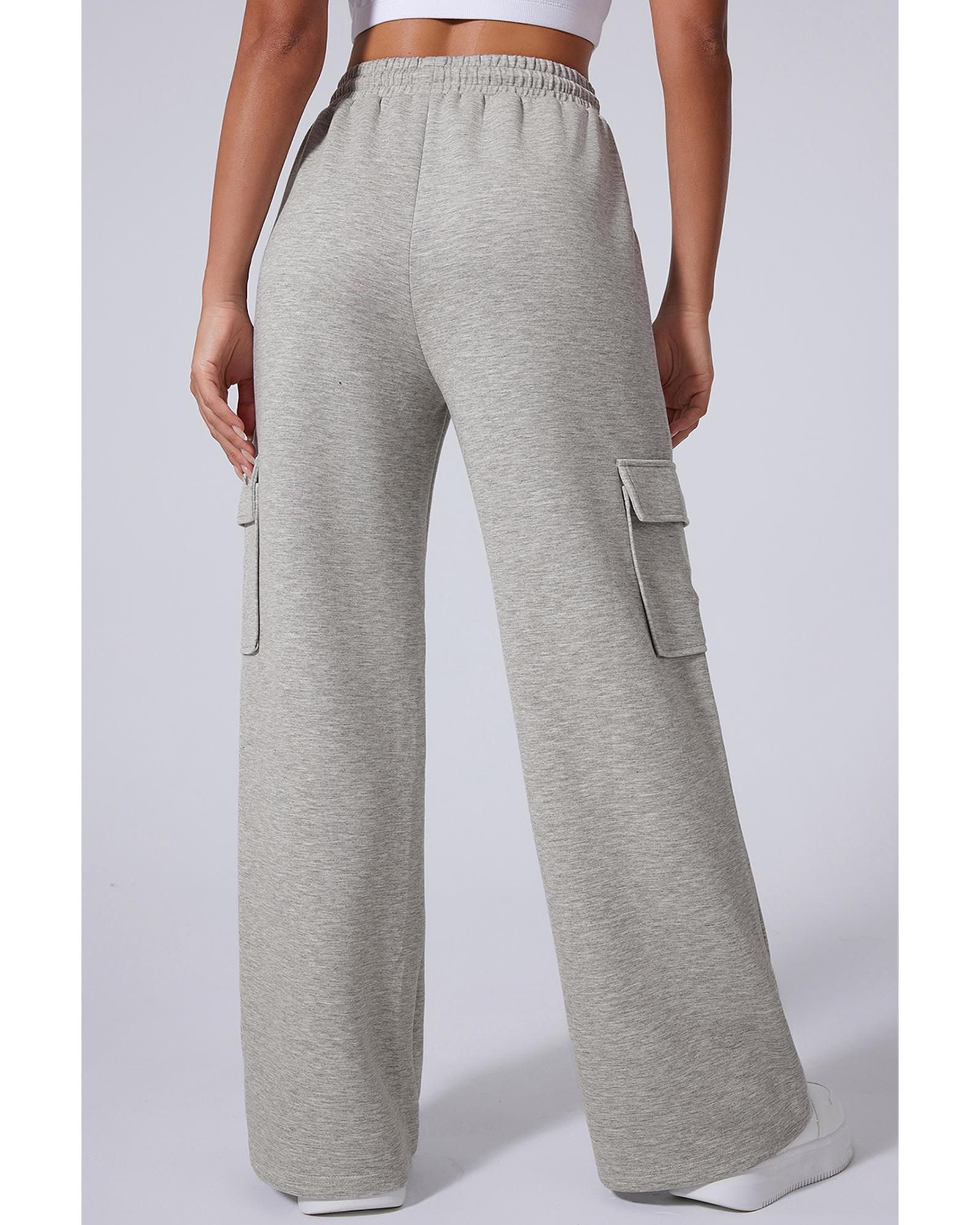 Light Grey Multi Pockets Lace-up High Waist Wide Leg Workout Pants - Image 4