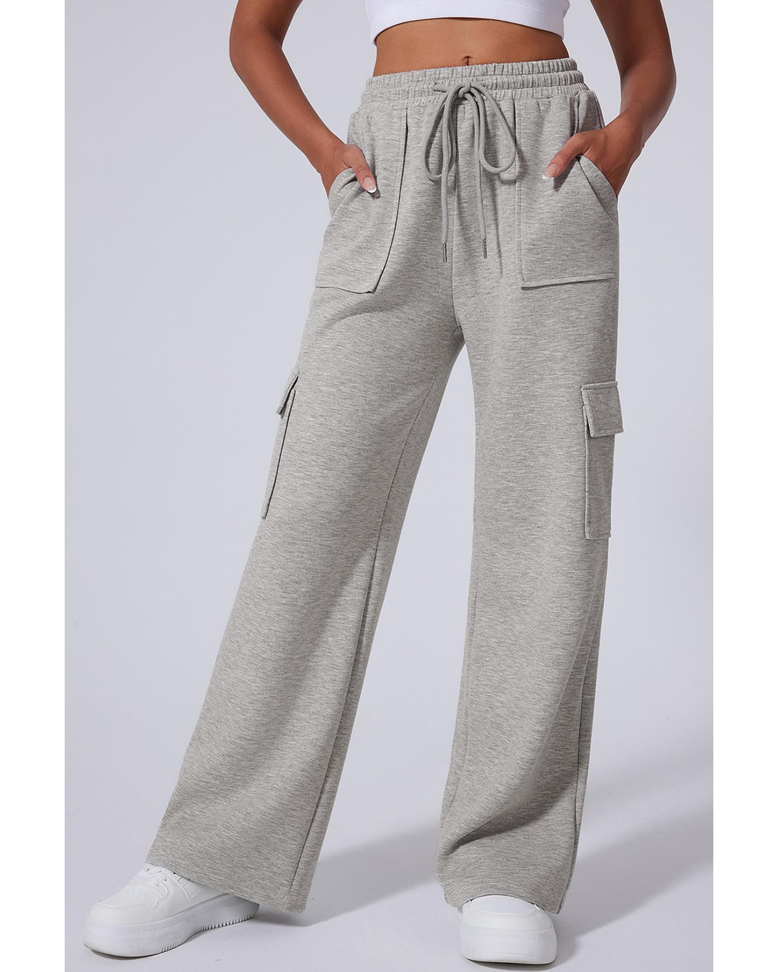 Light Grey Multi Pockets Lace-up High Waist Wide Leg Workout Pants - Image 6