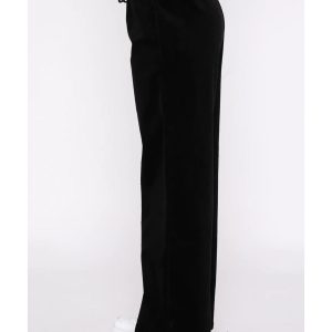 Black Solid Drawstring Waist Wide Leg Pants