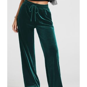 Evergreen Solid Drawstring Waist Wide Leg Pants