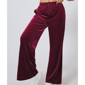 Burgundy Solid Drawstring Waist Wide Leg Pants