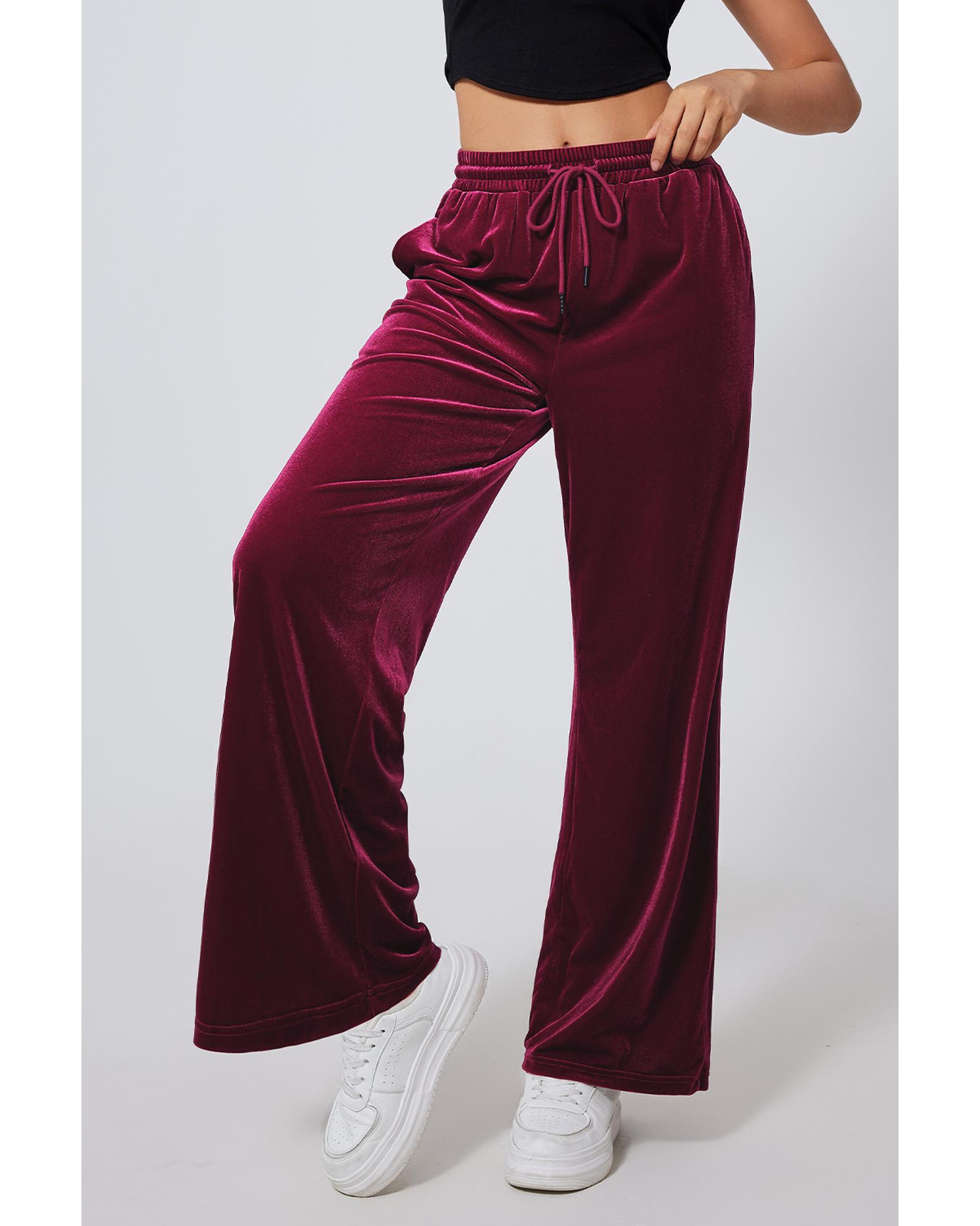 Burgundy Solid Drawstring Waist Wide Leg Pants