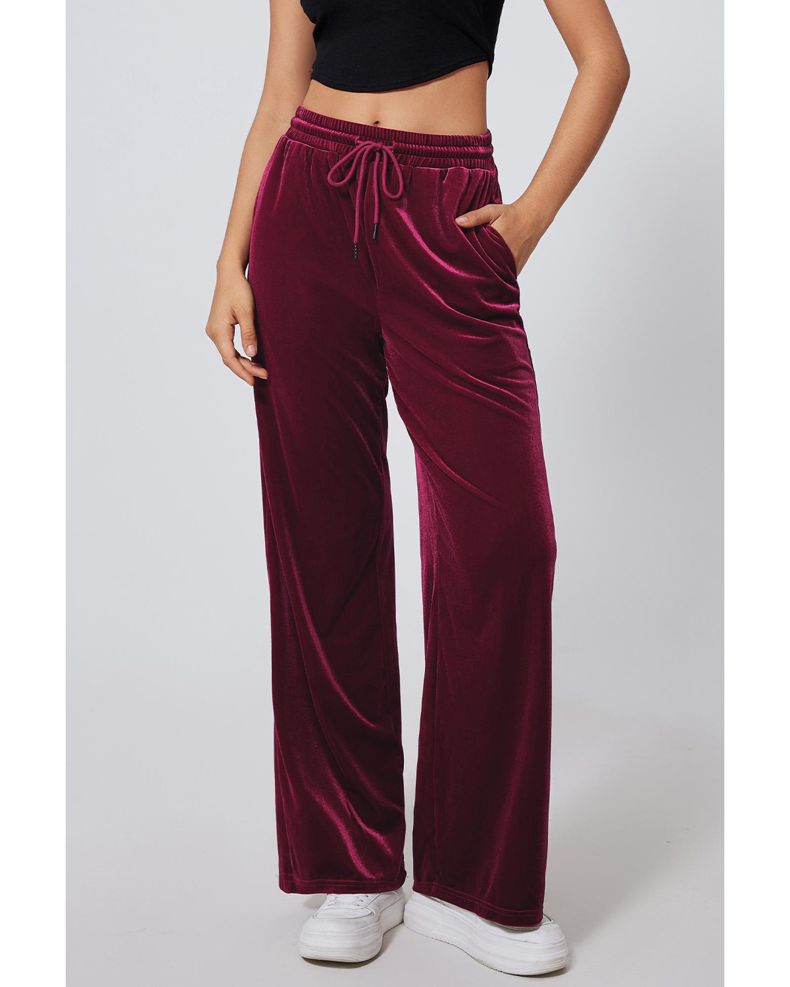 Burgundy Solid Drawstring Waist Wide Leg Pants - Image 2