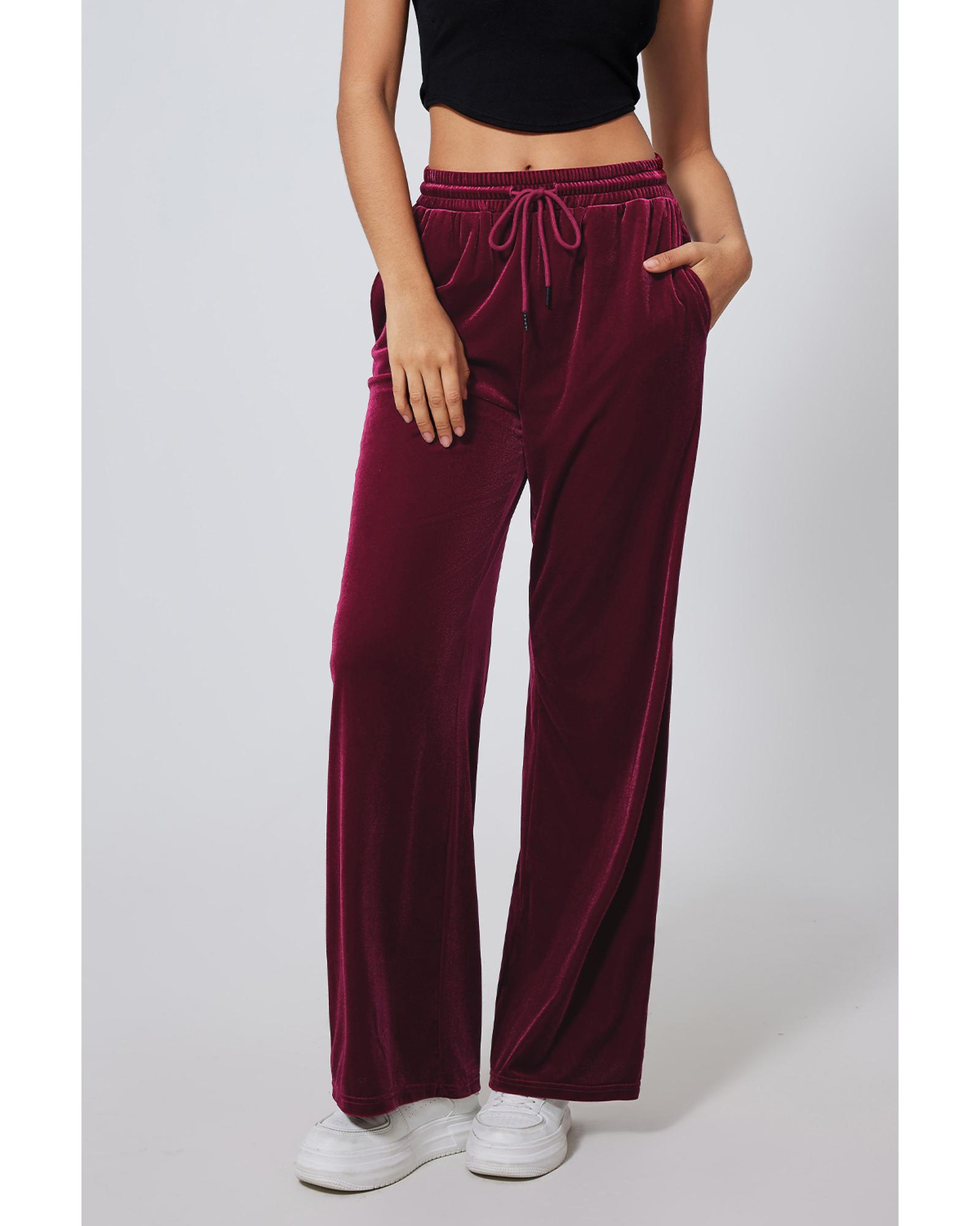 Burgundy Solid Drawstring Waist Wide Leg Pants - Image 3
