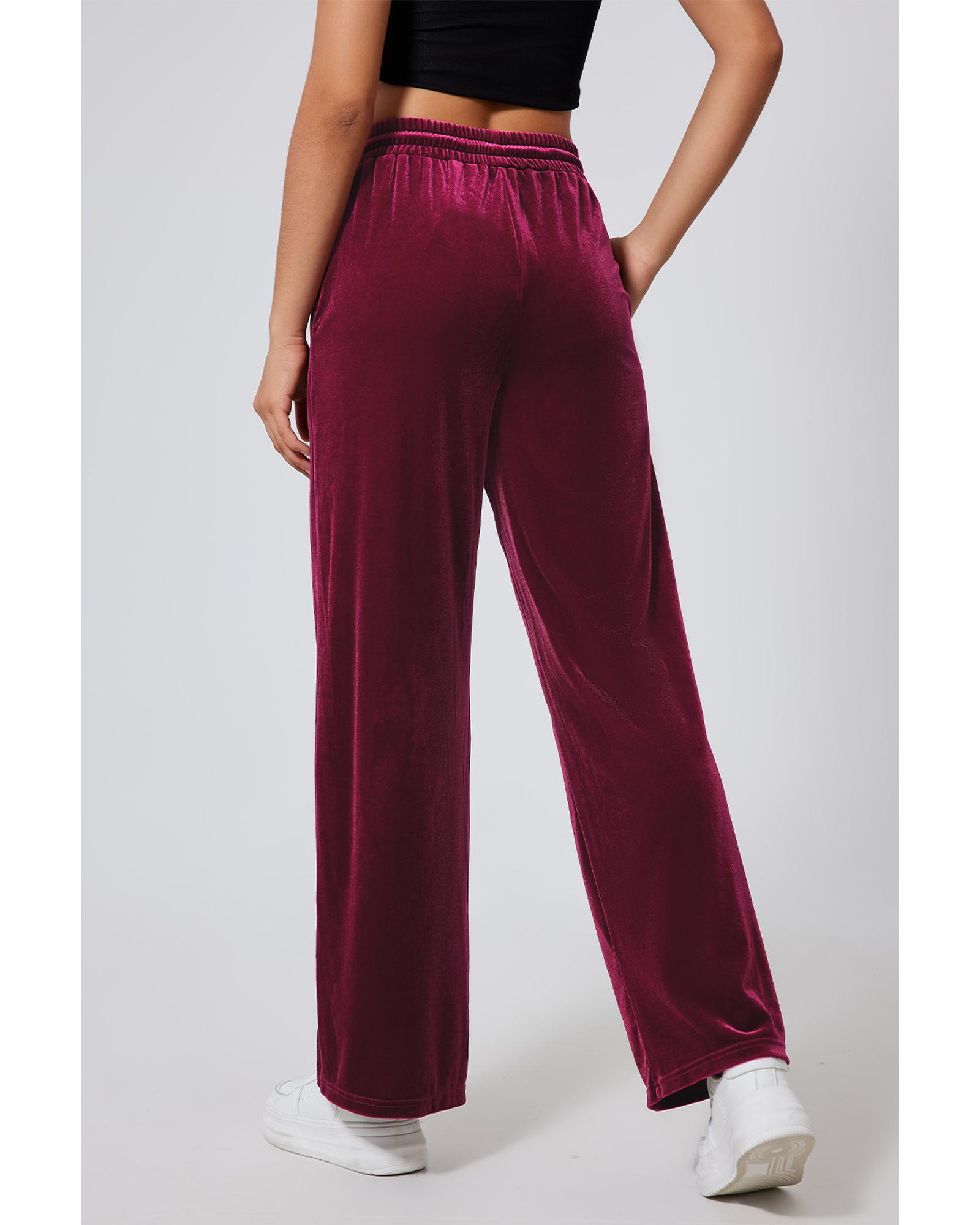 Burgundy Solid Drawstring Waist Wide Leg Pants - Image 4