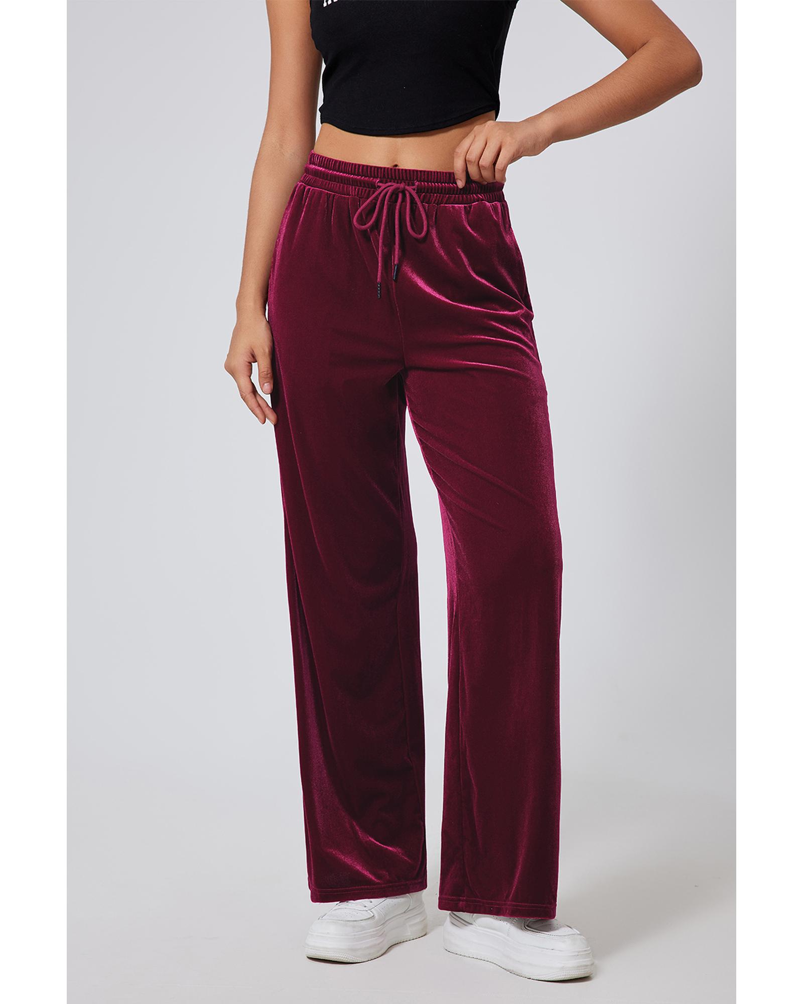 Burgundy Solid Drawstring Waist Wide Leg Pants - Image 6