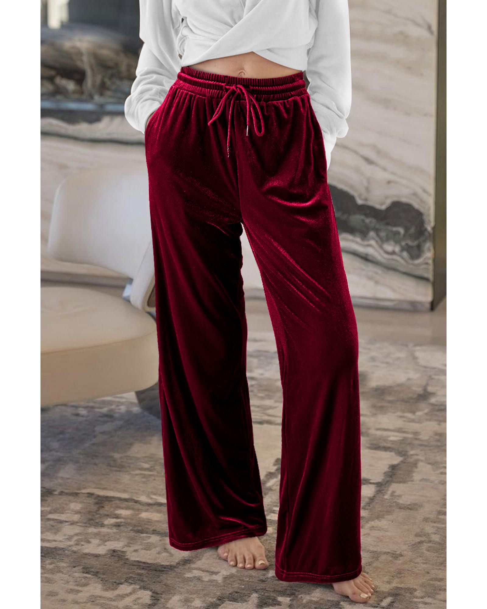 Burgundy Solid Drawstring Waist Wide Leg Pants - Image 7