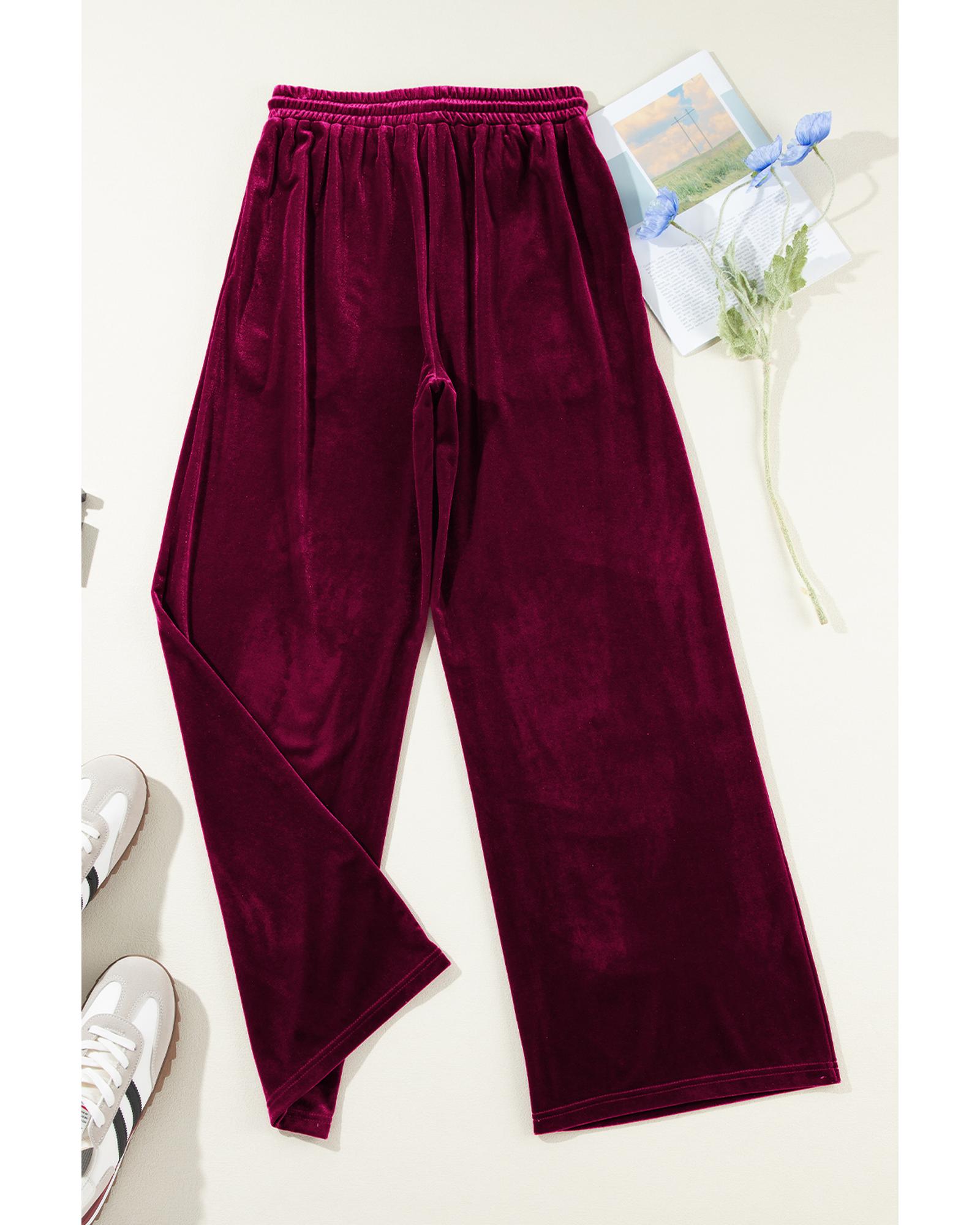 Burgundy Solid Drawstring Waist Wide Leg Pants - Image 8
