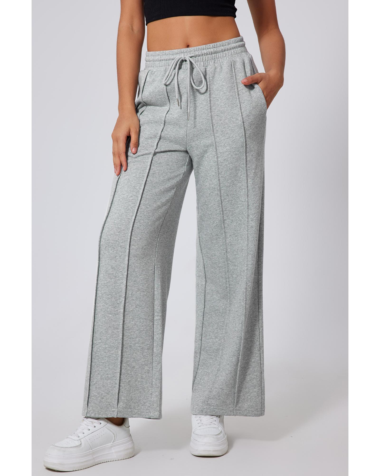 Gray Seamed Drawstring High Waist Wide Leg Sweatpants