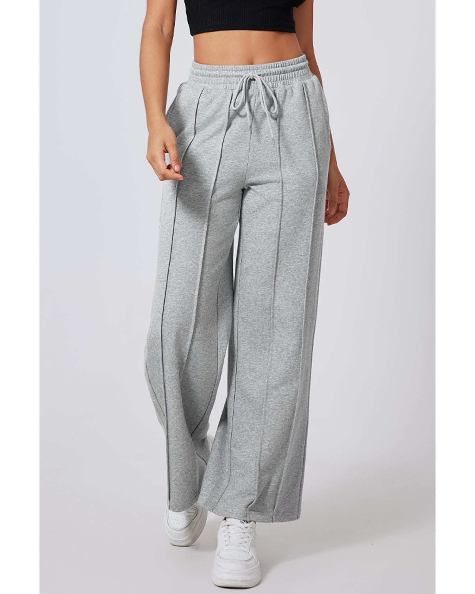 Gray Seamed Drawstring High Waist Wide Leg Sweatpants - Image 2