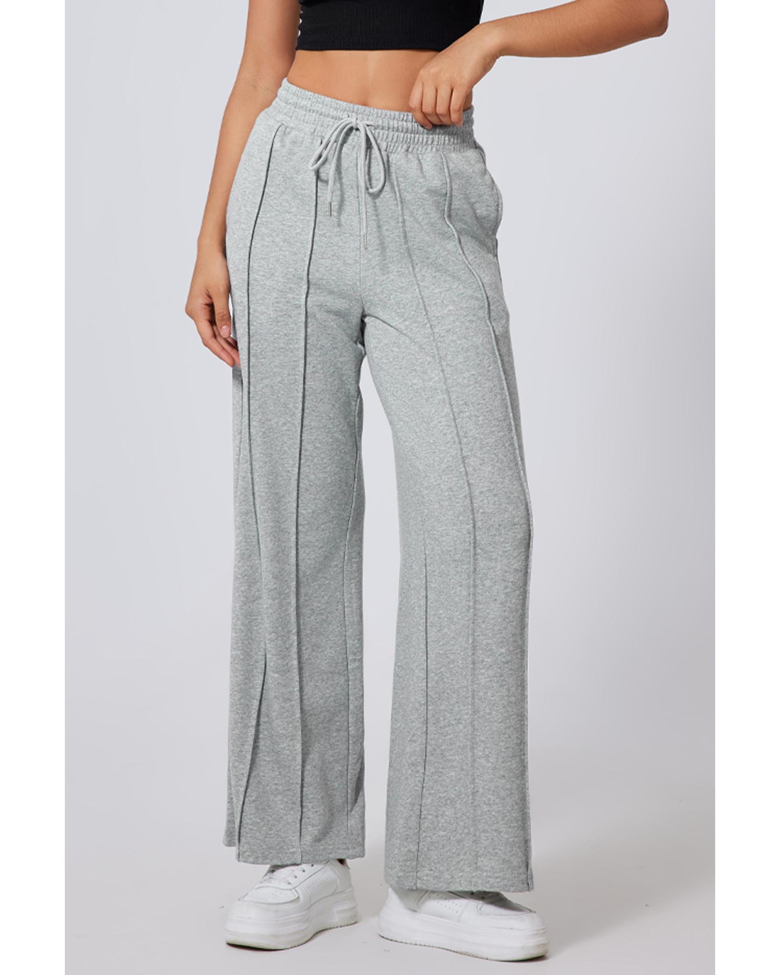 Gray Seamed Drawstring High Waist Wide Leg Sweatpants - Image 3