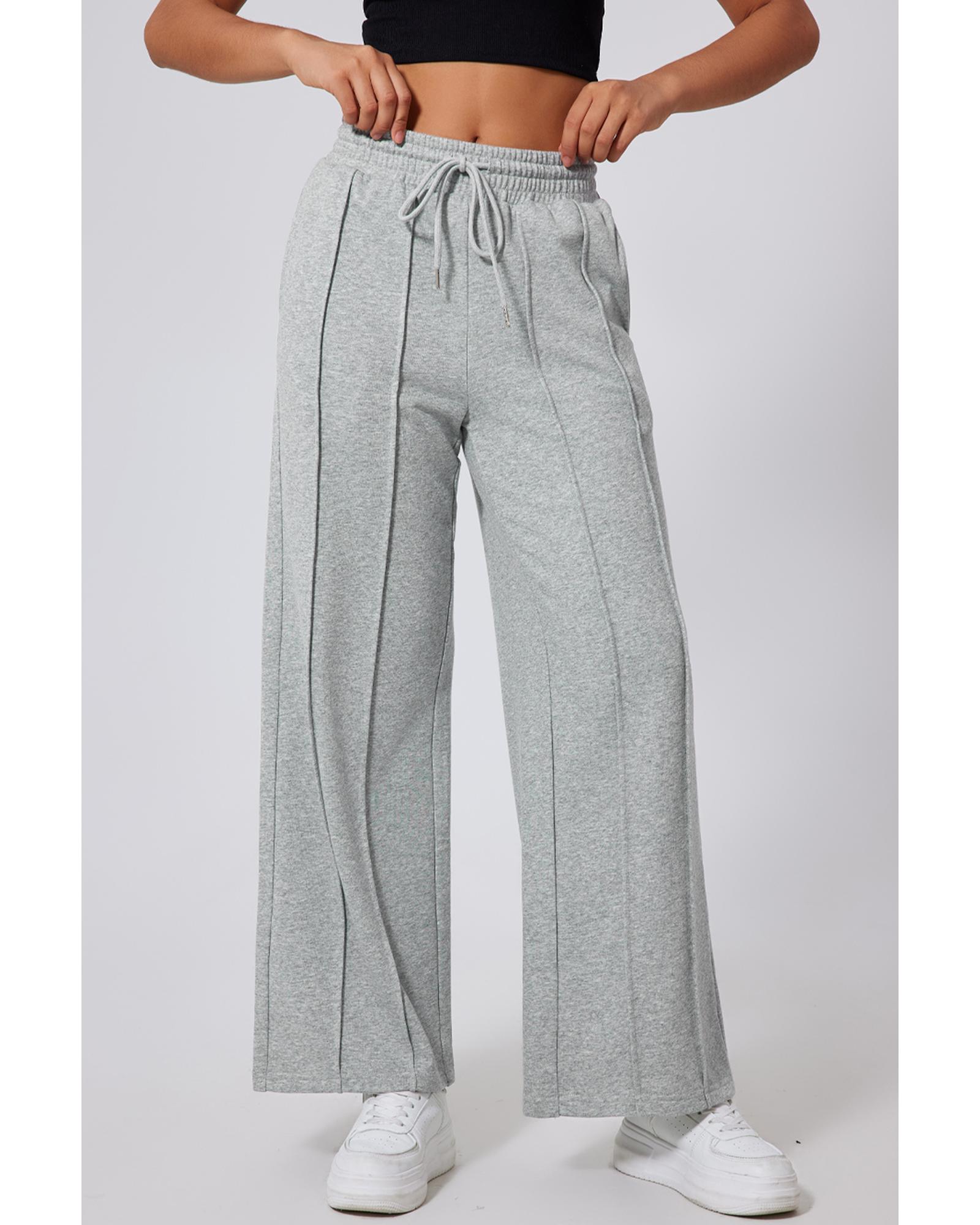 Gray Seamed Drawstring High Waist Wide Leg Sweatpants - Image 5