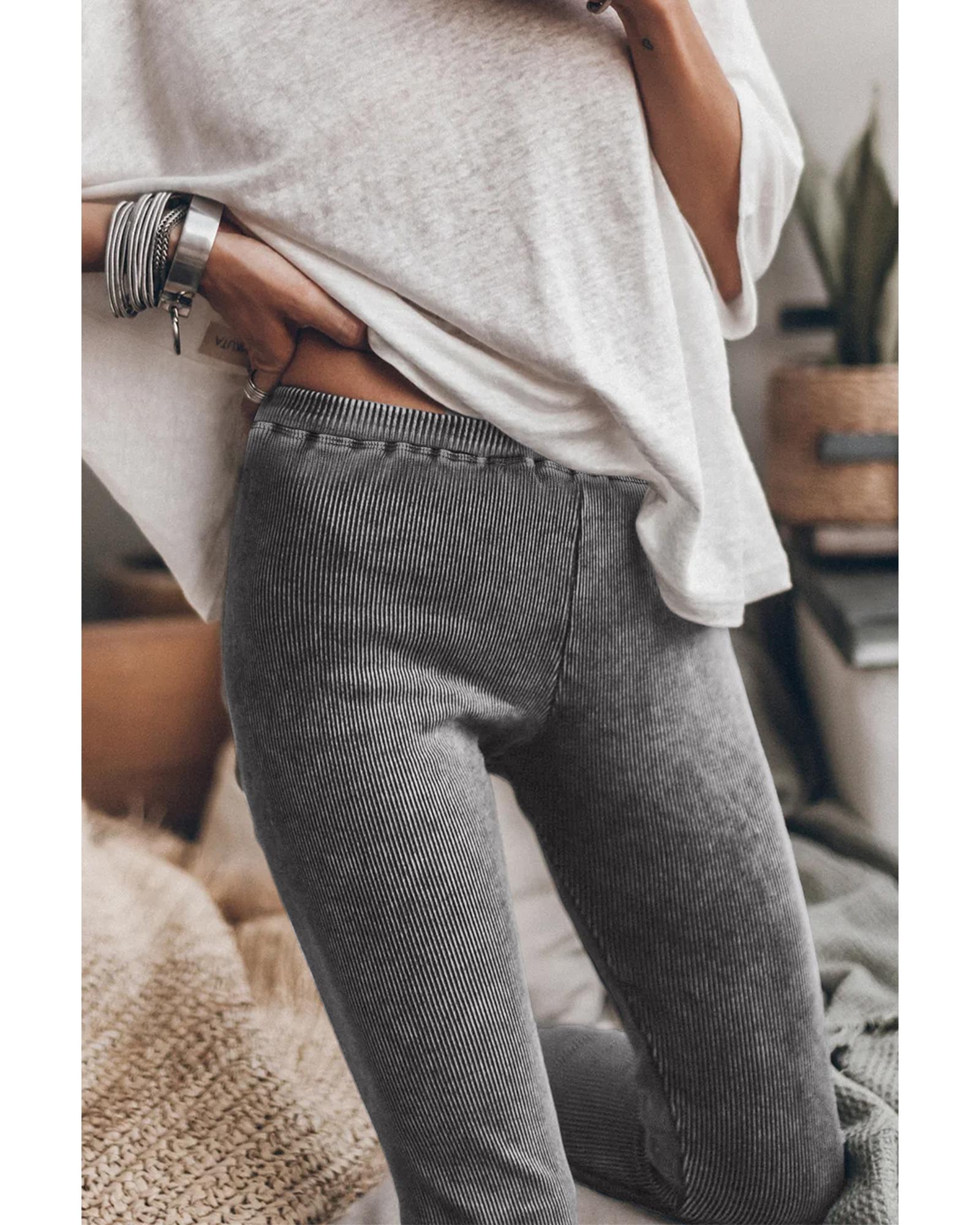 Dark Grey Vintage Wash Ribbed Leggings - Image 2