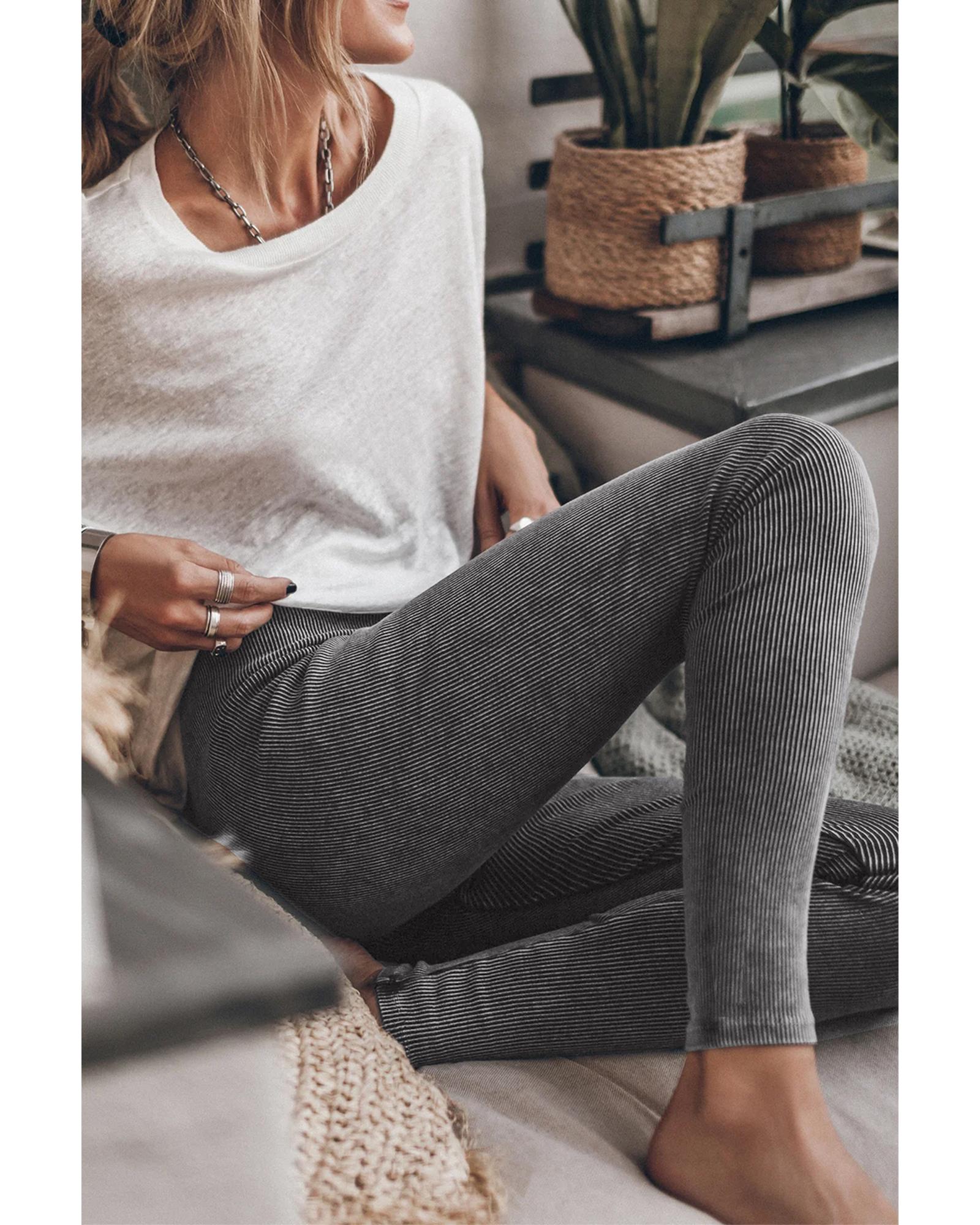 Dark Grey Vintage Wash Ribbed Leggings - Image 3