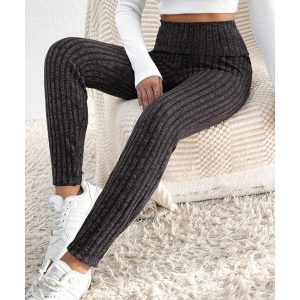 Dark Grey Wide Waistband Ribbed Textured Knit Leggings