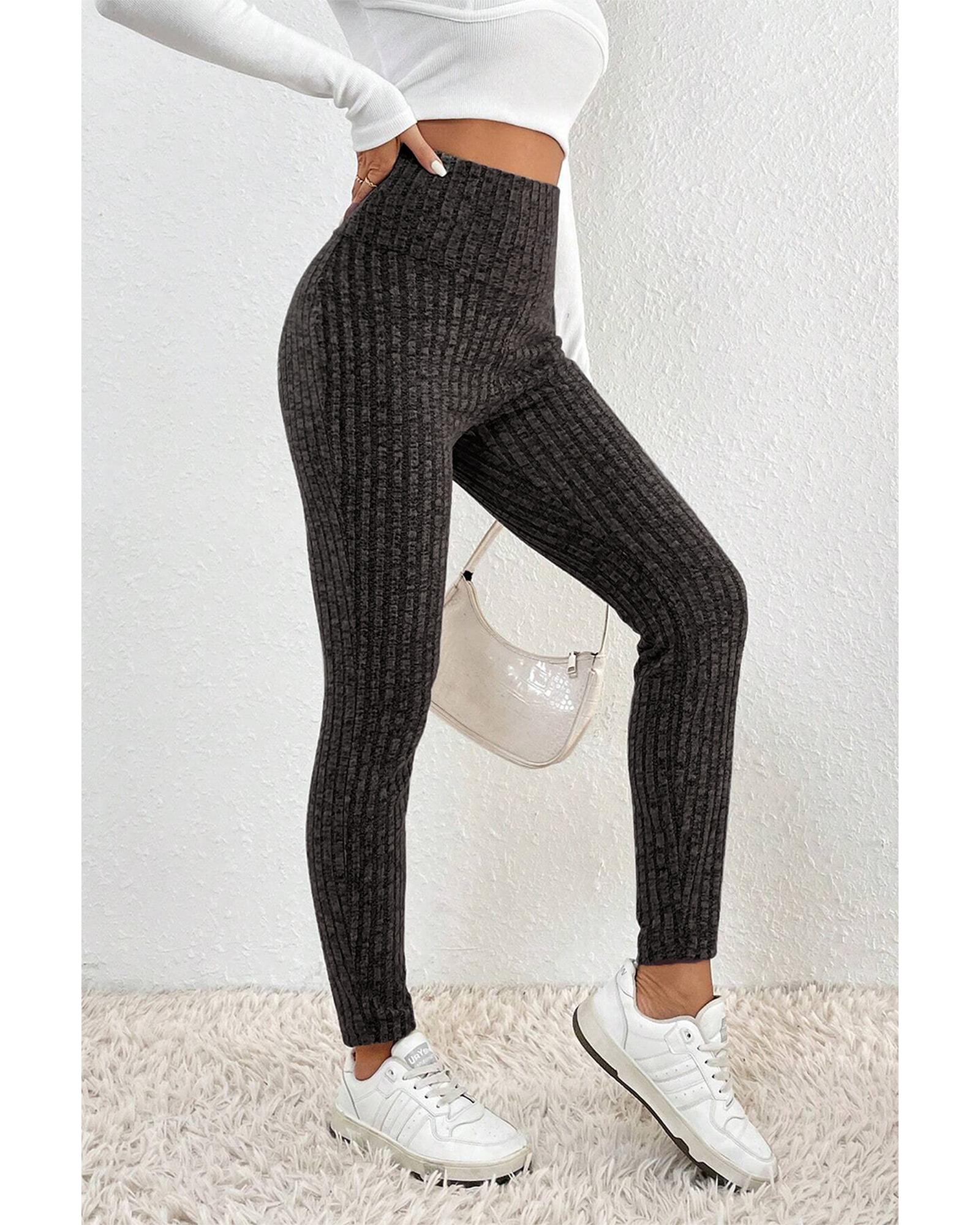 Dark Grey Wide Waistband Ribbed Textured Knit Leggings - Image 3