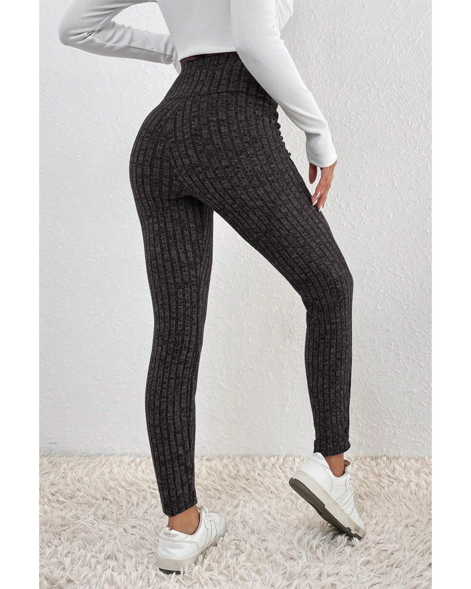 Dark Grey Wide Waistband Ribbed Textured Knit Leggings - Image 4