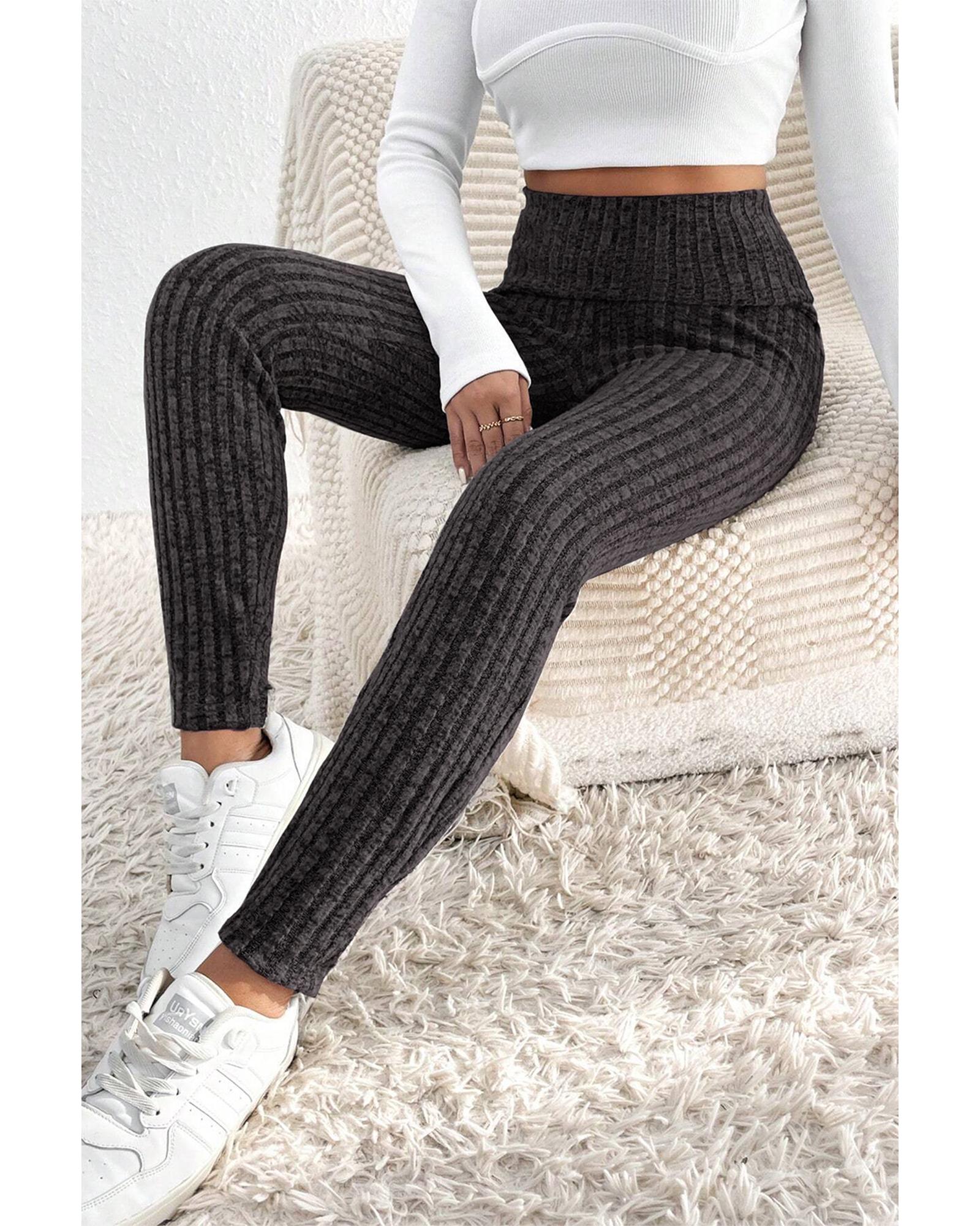 Dark Grey Wide Waistband Ribbed Textured Knit Leggings - Image 5