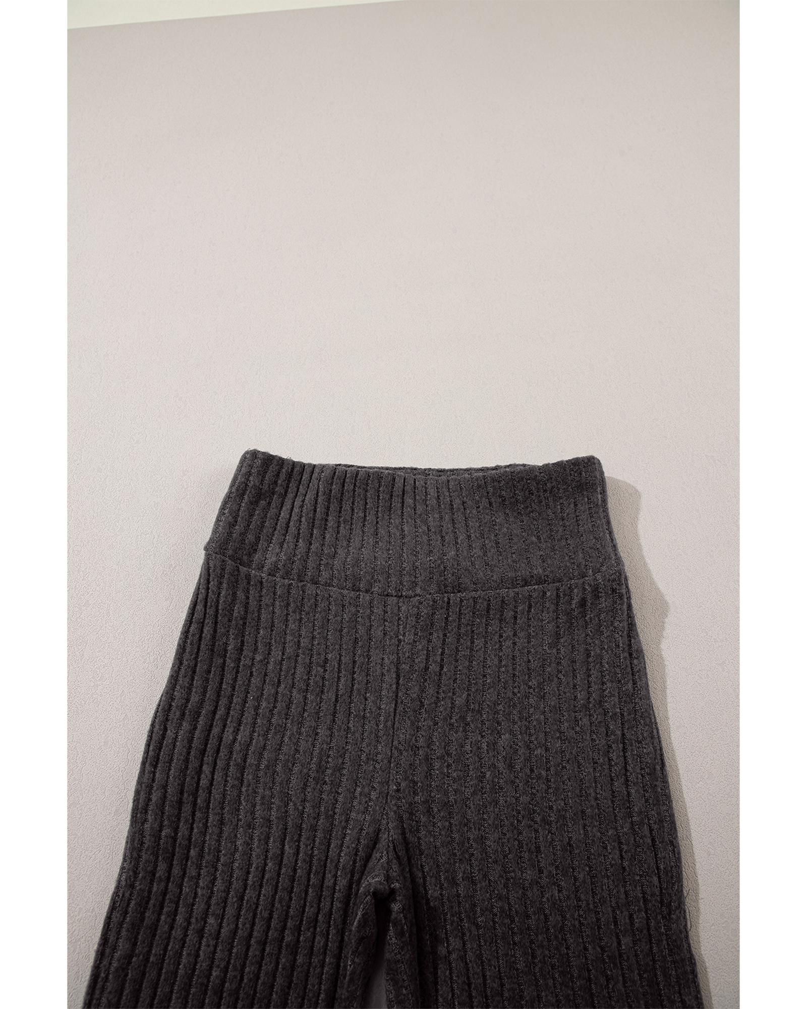 Dark Grey Wide Waistband Ribbed Textured Knit Leggings - Image 8