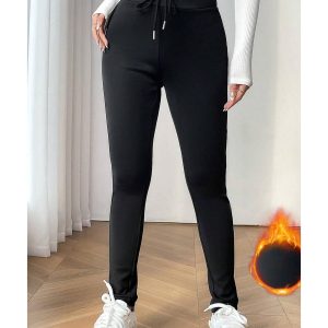 Black Solid Drawstring Waist Thermal Lined Leggings