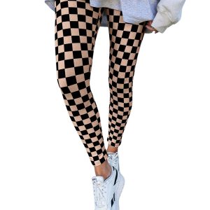 Khaki Checkered Pattern High Waist Skinny Leggings