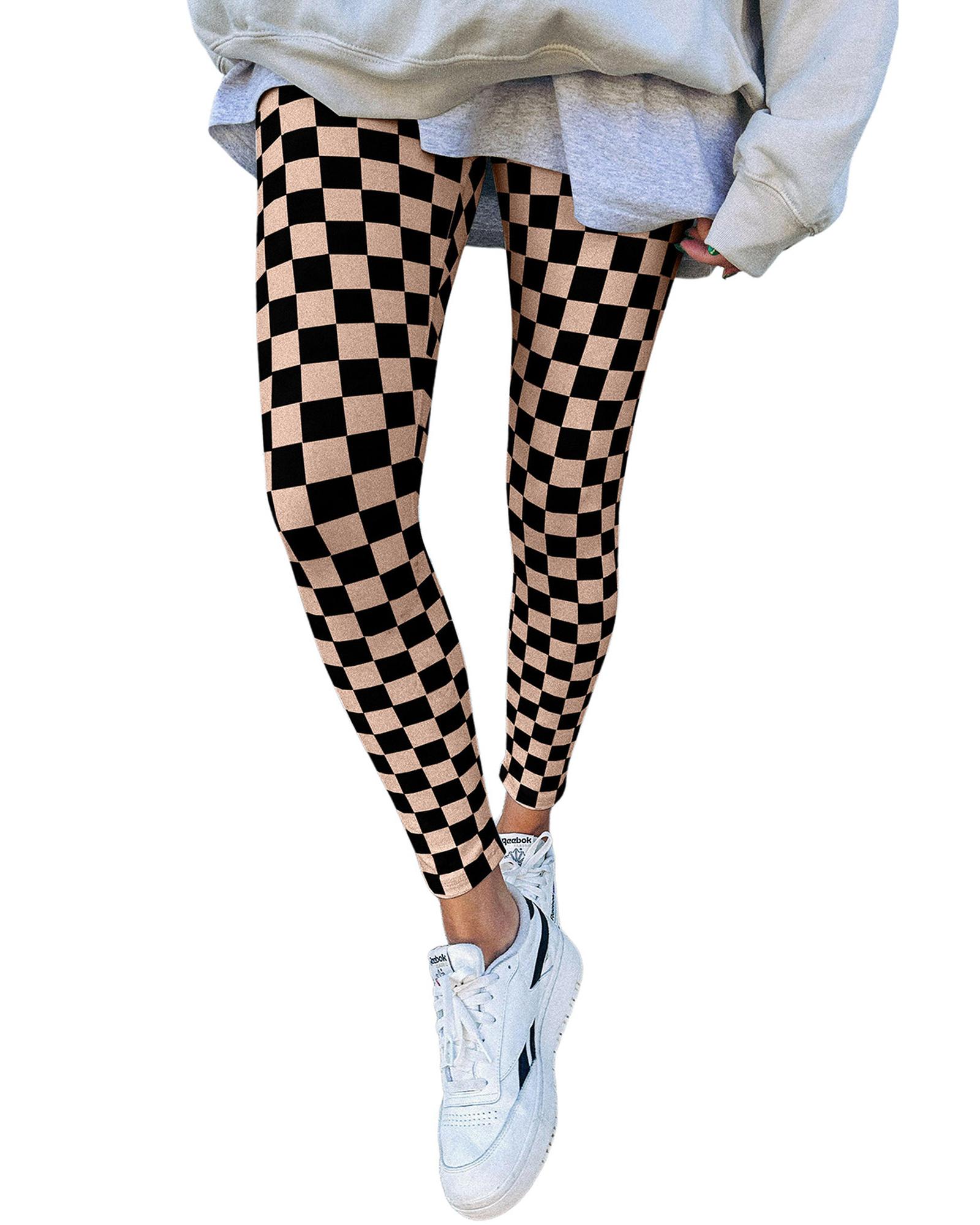 Khaki Checkered Pattern High Waist Skinny Leggings