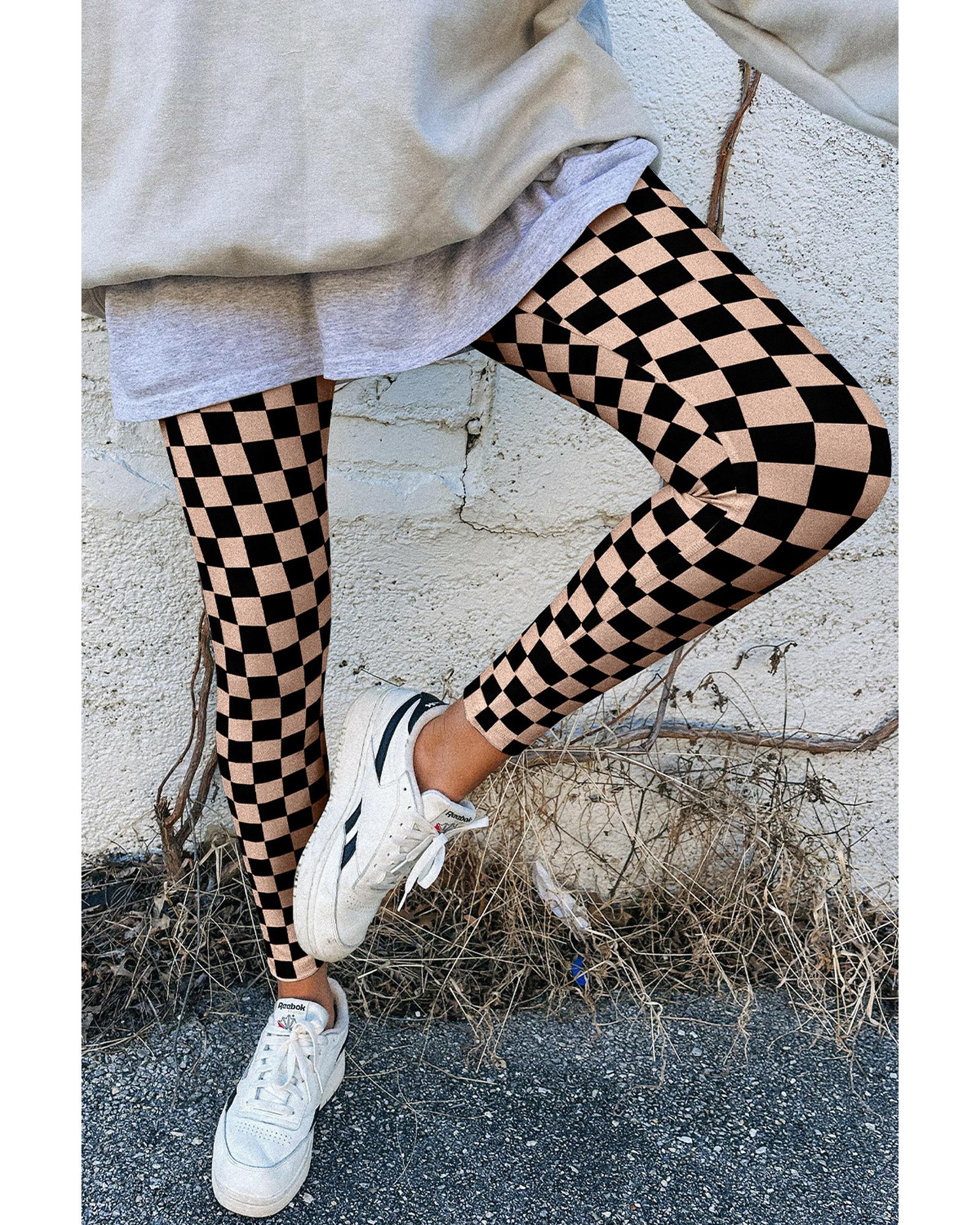 Khaki Checkered Pattern High Waist Skinny Leggings - Image 2