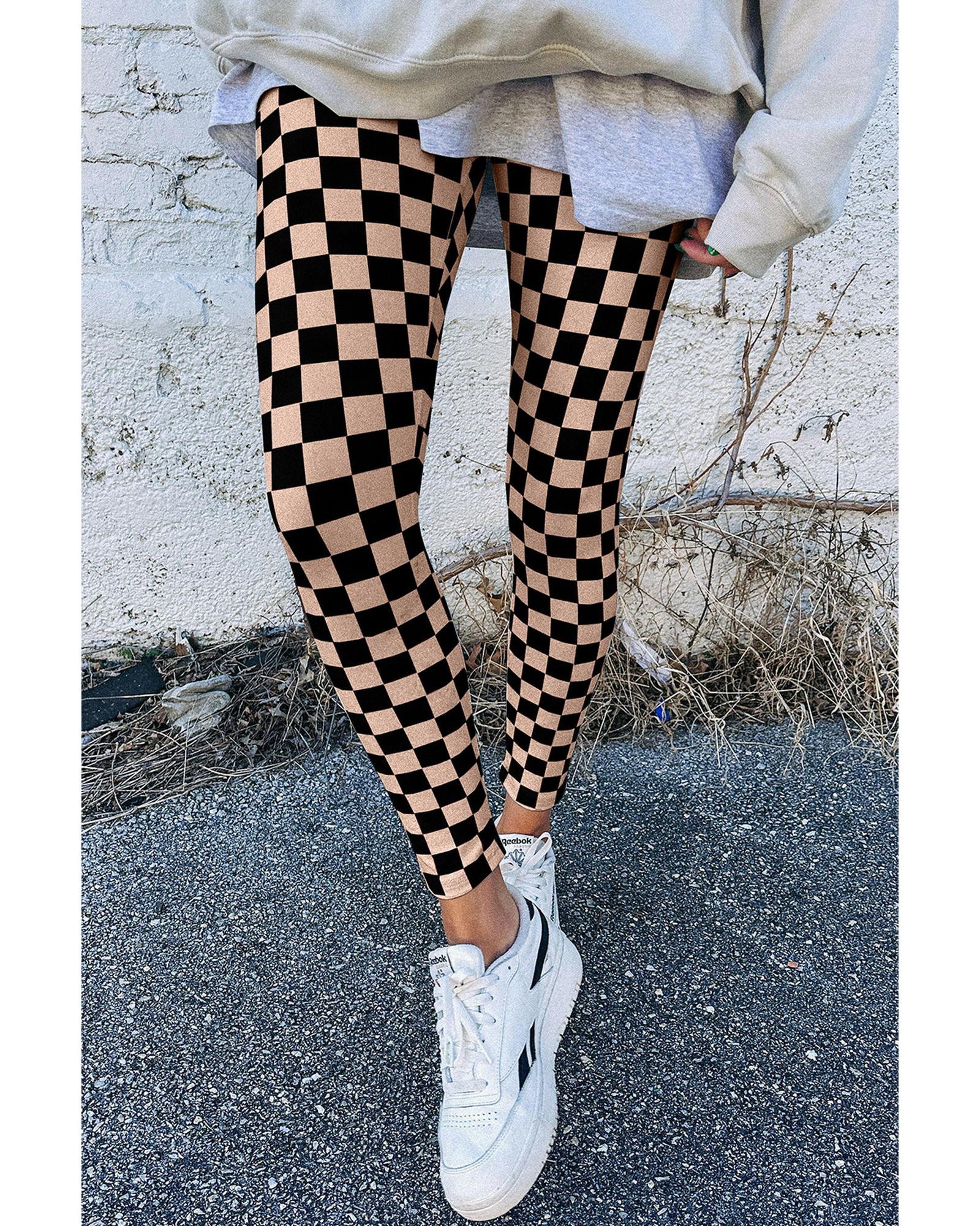 Khaki Checkered Pattern High Waist Skinny Leggings - Image 4