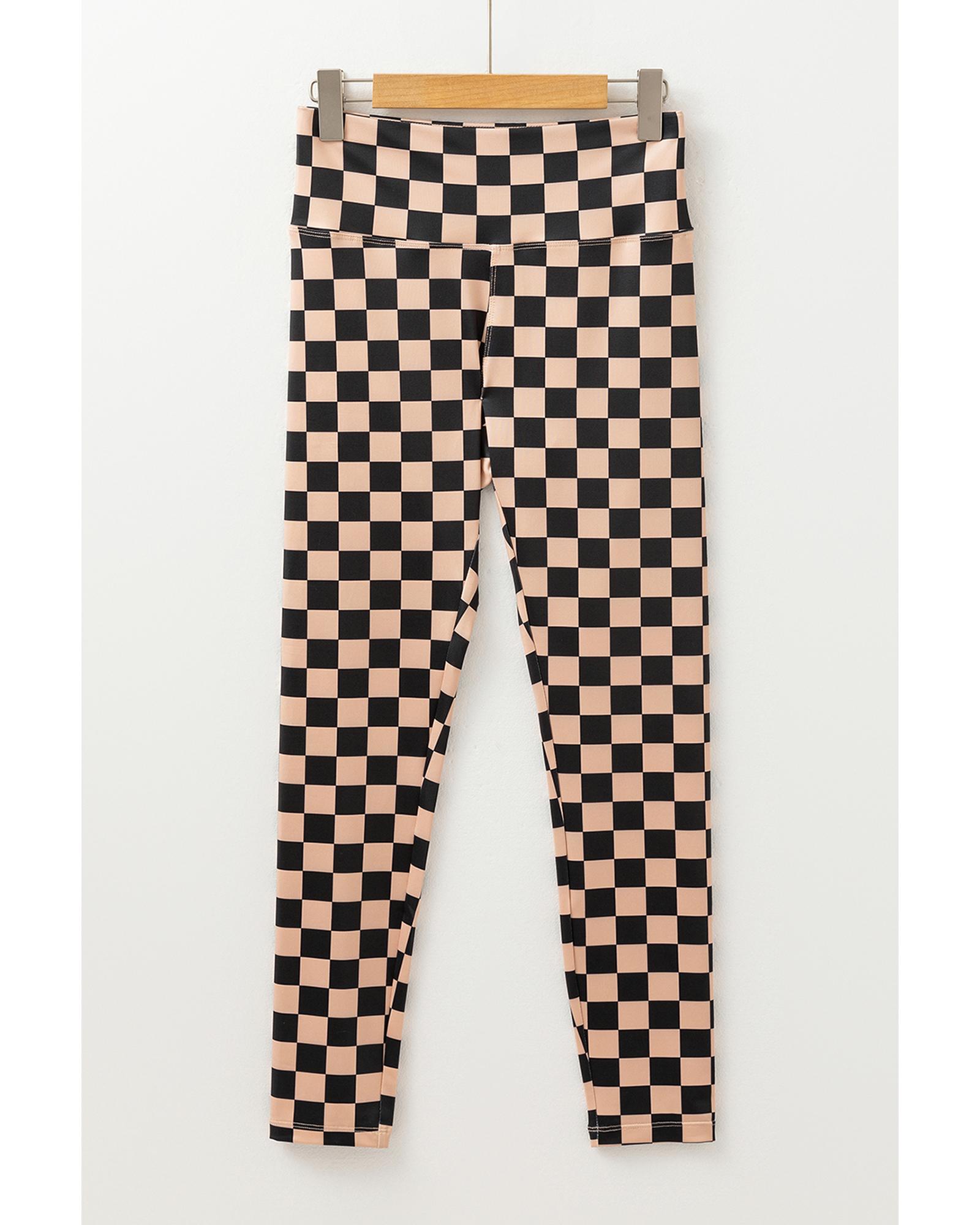 Khaki Checkered Pattern High Waist Skinny Leggings - Image 6