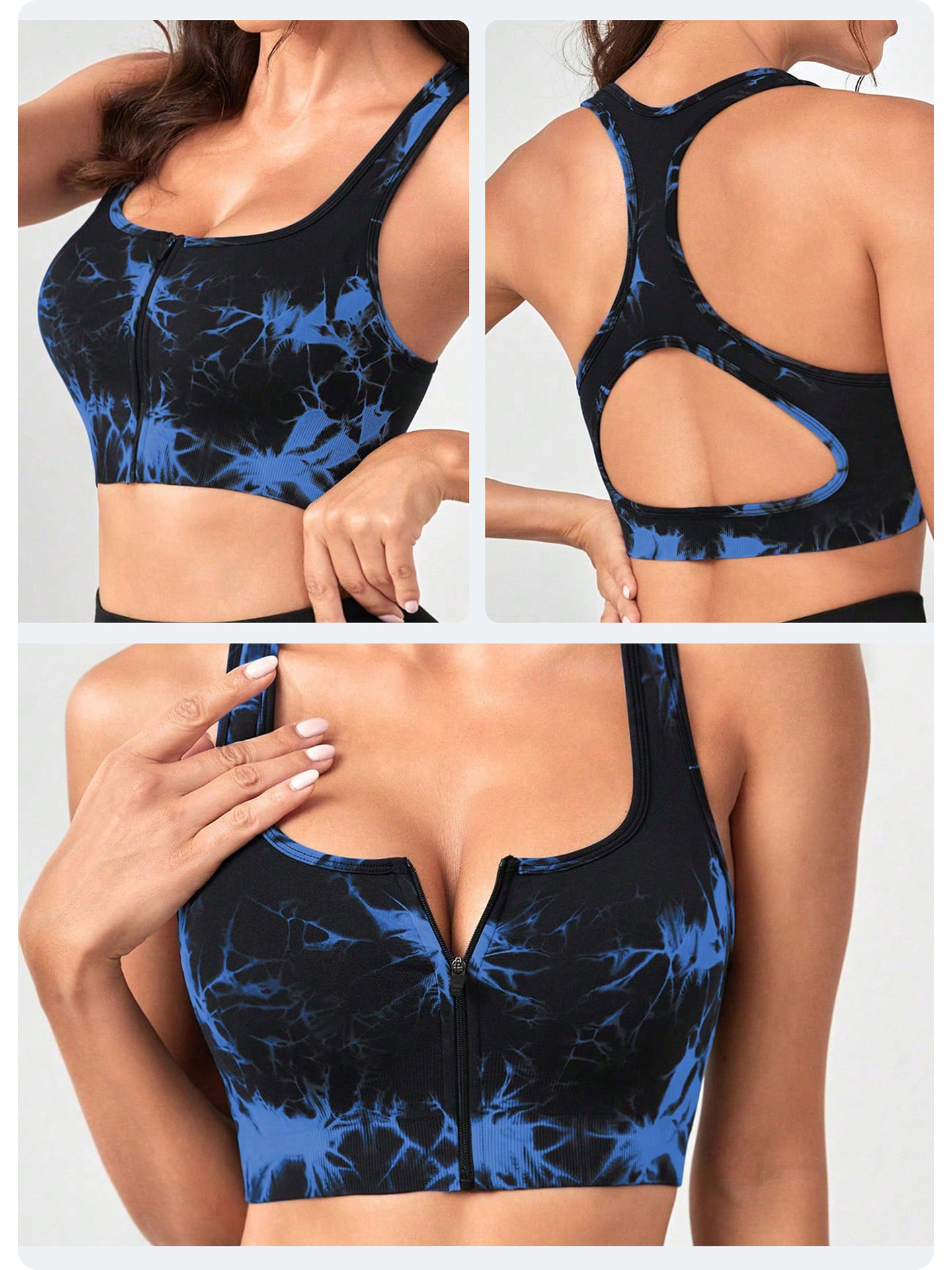 Women's Blue Tie Dye Zip-Up Sports Bra | Shockproof, Push-Up Size L - Image 2