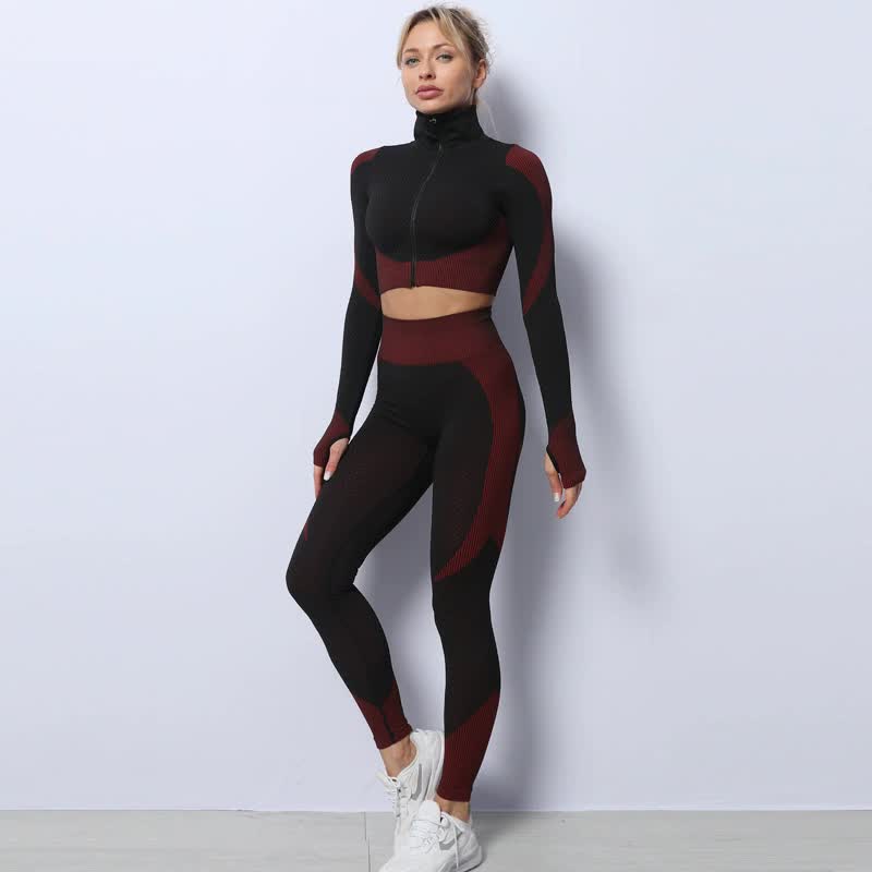 Black+Red High Waist Yoga Set for Women - Sports Bra, Long Sleeve Shirt & Leggings 3-Piece Workout Set Size S - Image 10