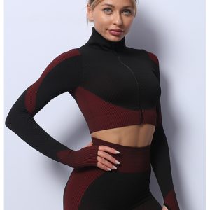 Black+Red High Waist Yoga Set for Women - Sports Bra, Long Sleeve Shirt & Leggings 3-Piece Workout Set Size L