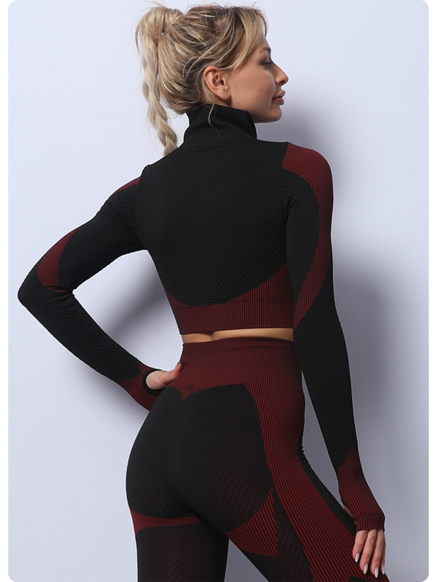 Black+Red High Waist Yoga Set for Women - Sports Bra, Long Sleeve Shirt & Leggings 3-Piece Workout Set Size XXXL - Image 5
