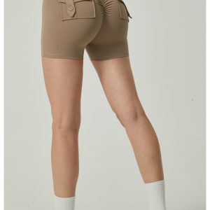Khaki High-Waisted Yoga Shorts with Pockets for Women - Butt-Lifting, Breathable, and Comfortable Activewear L