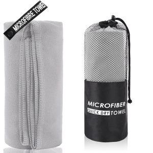 2-Piece Light Grey Quick-Dry Microfiber Sports Towel with Travel Case - Compact & Absorbent for Gym, Swimming & Camping