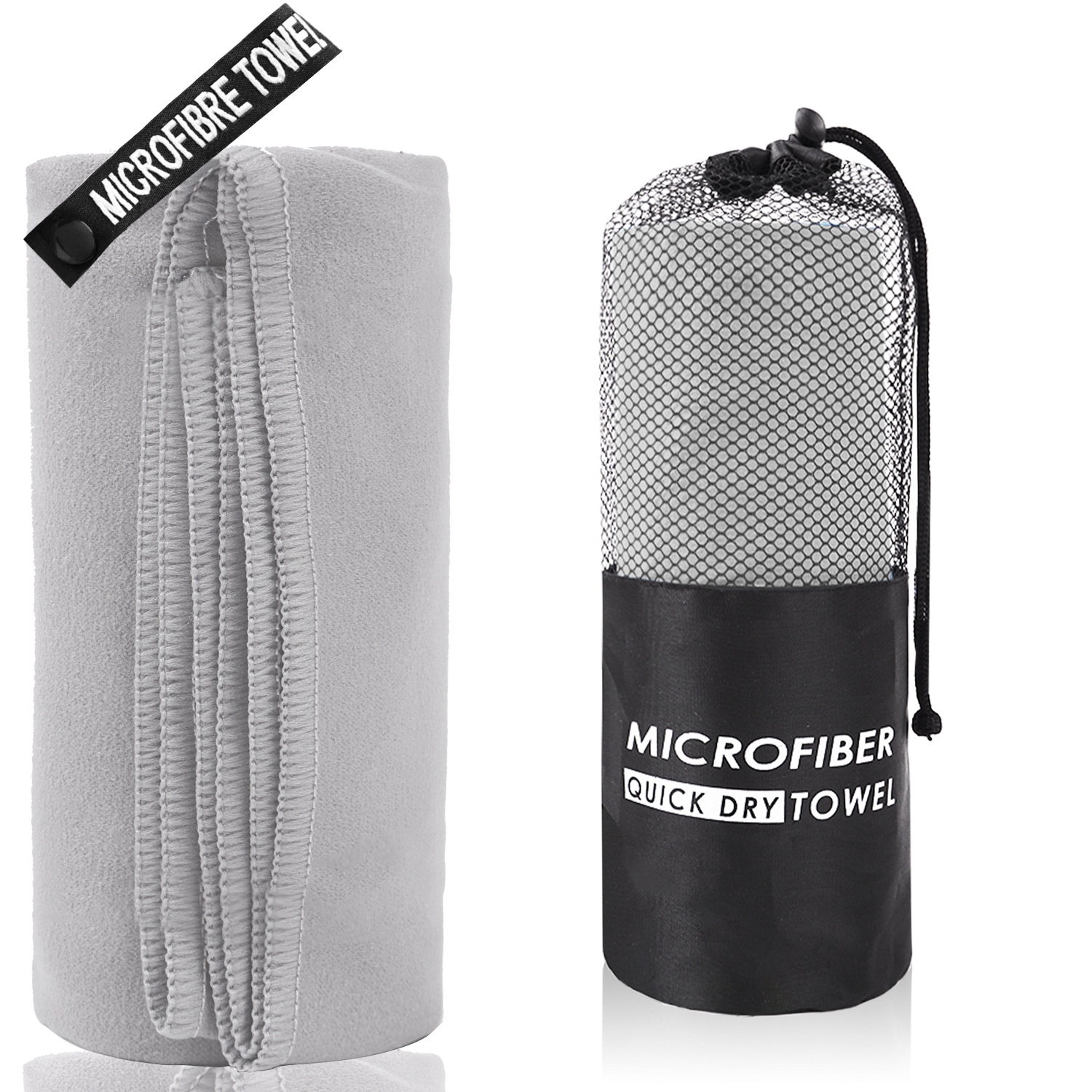 2-Piece Light Grey Quick-Dry Microfiber Sports Towel with Travel Case - Compact & Absorbent for Gym, Swimming & Camping