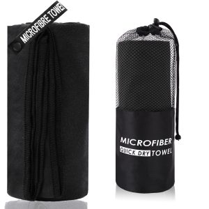 2-Piece Black Quick-Dry Microfiber Sports Towel with Travel Case - Compact & Absorbent for Gym, Swimming & Camping